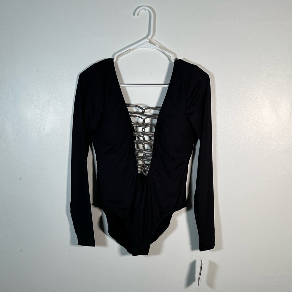Kenneth Cole One-Piece Swimsuit Plunging Lace-Up Front Long-Sleeve Size L Black - Picture 3 of 14